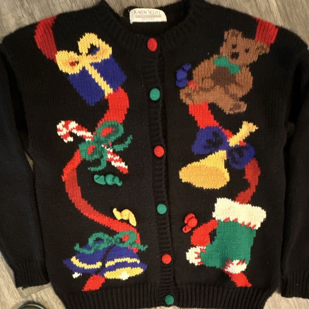 Vtg Karen Scott Petites Christmas Sweater Bear Presents Cottagecore size Med